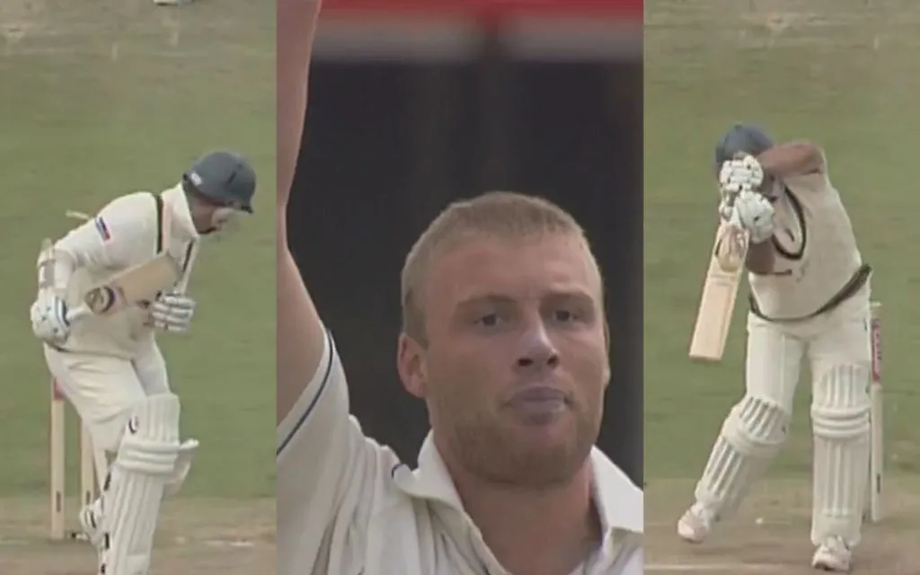 Andrew Flintoff celebrating Ricky Ponting's wicket [Source: @englandcricket/x]