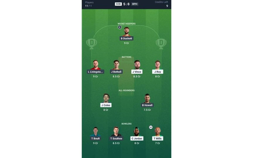 SOB vs BPH, The Hundred Men's 2025: Dream11 Team 1 [Source: @Dream11 App]