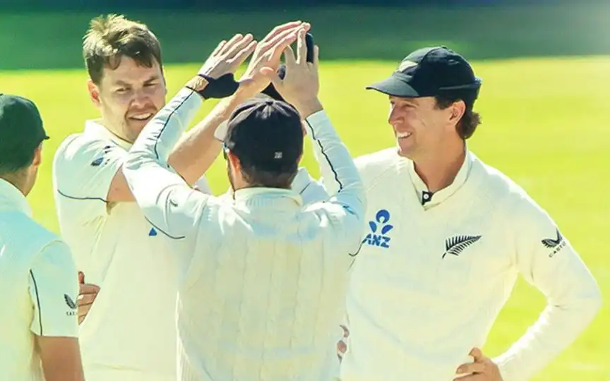 New Zealand players celebrating a wicket [Source: @ICC/x]