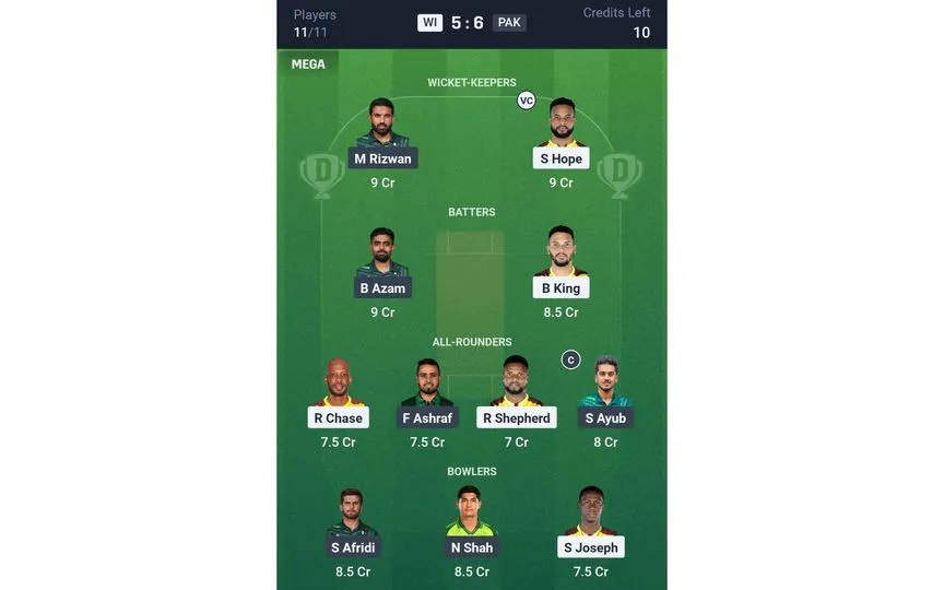 WI vs PAK Team 1 (Source: Dream11 App)