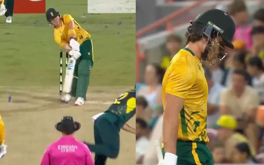 Dewald Brevis loses his wicket against Australia (Source:Screengrab/Hotstar)