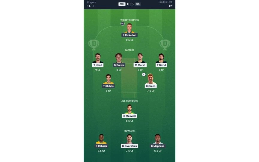 AUS vs SA 2nd T20I Dream11 Team 1 (Source: @Dream11 App)