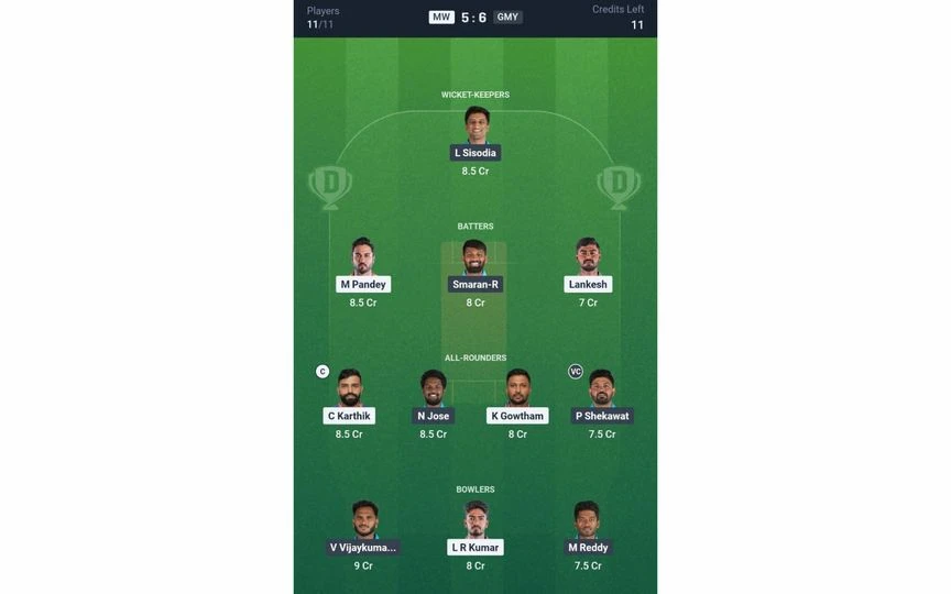 MW vs GMY, Maharaja T20 Trophy 2025, Match 4 Dream11 Team 1 [Source: Dream11 App]