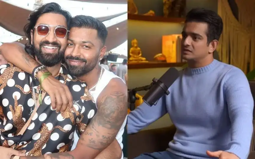Krunal Pandya, Hardik Pandya and Ranveer Allhabadia [Source: @sathish08795444, @CricCrazyJohns/x.com]
