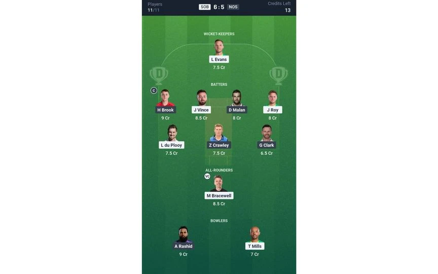 SOB vs NOS, The Hundred Men's 2025: Dream11 Team 1 [Source: @Dream11 App]