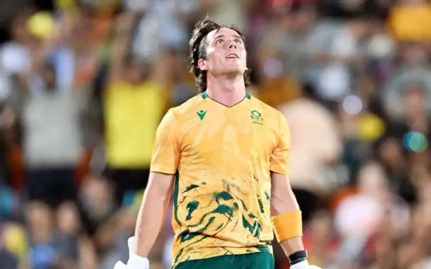 Dewald Brevis Celebrates His Ton - (Source: AFP)