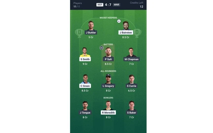 WEF vs MNR Match 12: Dream11 Team 1 [Source: @Dream11 App]