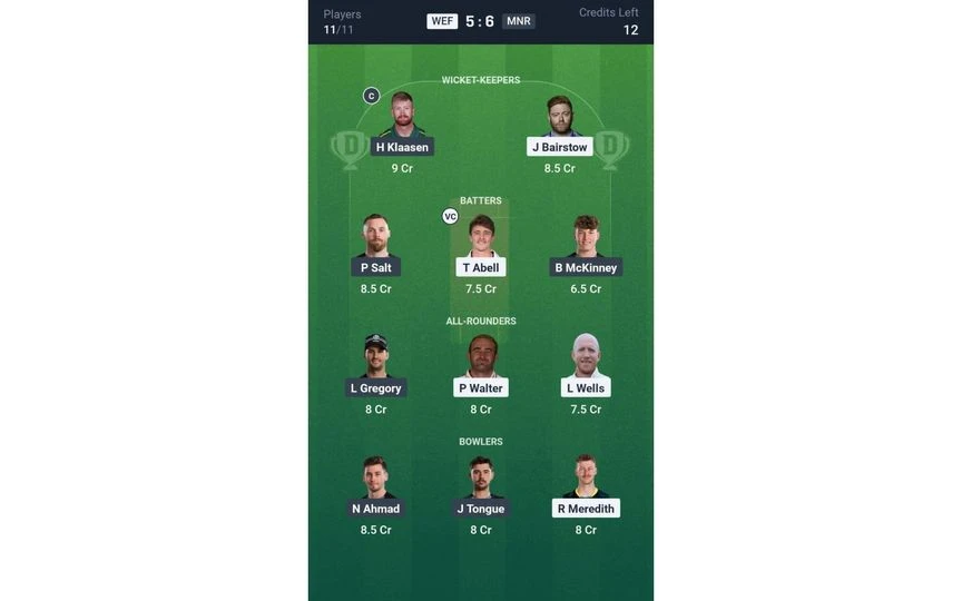 WEF vs MNR Match 12: Dream11 Team 2 [Source: @Dream11 App]