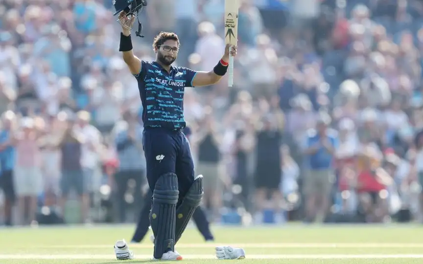 Imam-Ul-Haq celebrating his century for Yorkshire [Source: @YorkshireCCC/x]