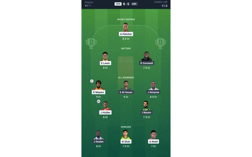 SKN vs ABF, CPL 2025: Dream11 Team 1 [Source: @Dream11 App]