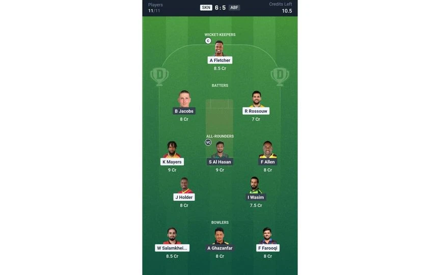 SKN vs ABF, CPL 2025: Dream11 Team 2 [Source: @Dream11 App]