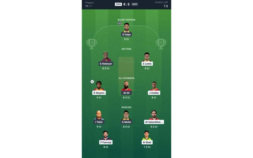 SKN vs GUY, CPL 2025: Dream11 Team 1 [Source: @Dream11 App]