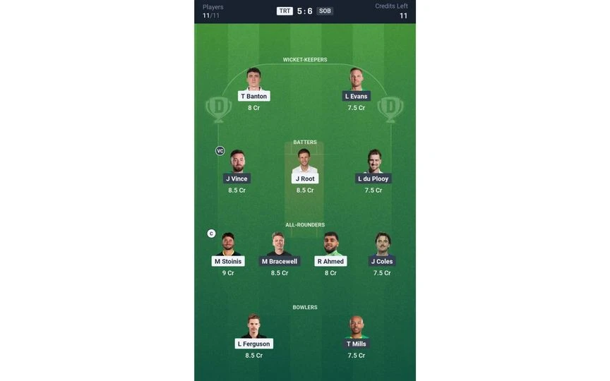 TRT vs SOB, The Hundred Men's 2025: Dream11 Team 1 [Source: @Dream11 App]