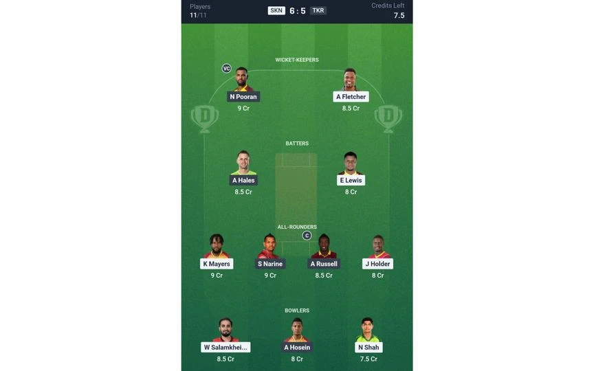 SKN vs TKR, CPL 2025: Dream11 Team 1 [Source: @Dream11 App]