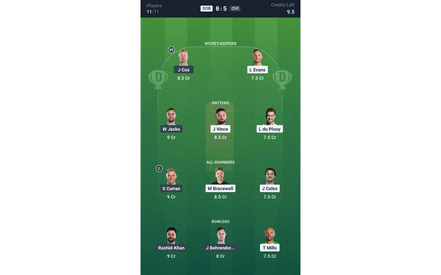 SOB vs OVI, The Hundred Men's 2025: Dream11 Team 1 [Source: @Dream11 App]