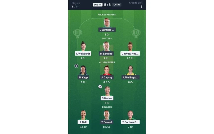 SOB-W vs OVI-W Match 19: Dream11 Team 1 [Source: @Dream11 App]