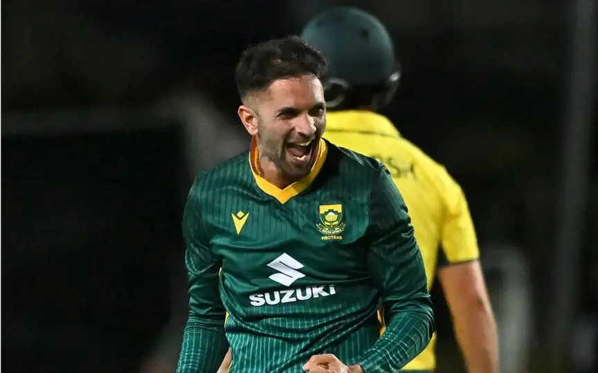 Keshav Maharaj celebrating a wicket in AUS vs SA 1st ODI [Source: @cricketcomau/x]