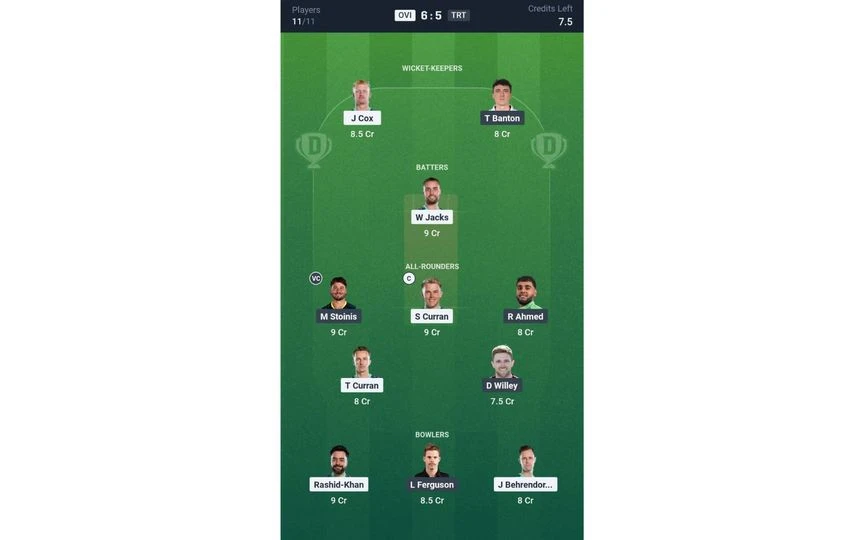 OVI vs TRT, The Hundred Men's 2025: Dream11 Team 1 [Source: @Dream11 App]