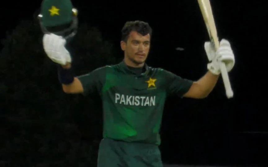 Maaz Sadaqat celebrating his century [Source: @TsMeSalman/x]