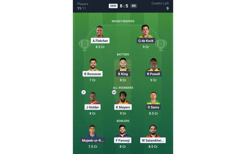 SKN vs BR, CPL 2025: Dream11 Team 1 (Source: @Dream11App)