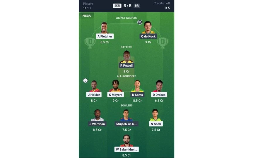 SKN vs BR, CPL 2025: Dream11 Team 2 (Source: @Dream11App)