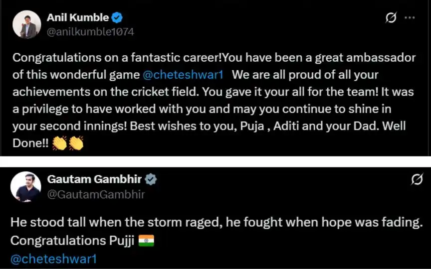 Tweets By Indian Cricketers (Source: @anilkumble1074, @GautamGambhir/X.com)
