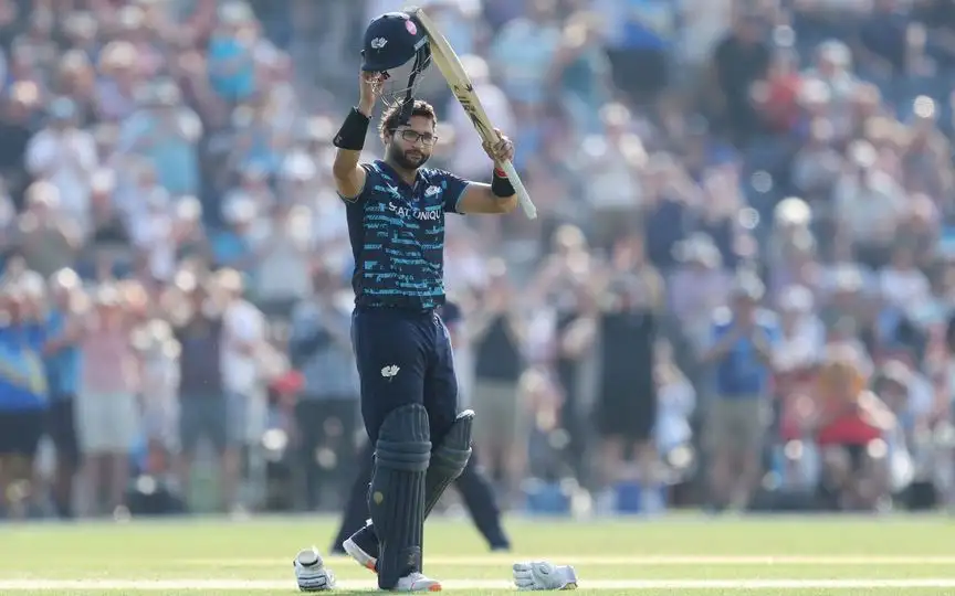 Imam-Ul-Haq celebrating his century in Yorkshire vs Sussex [Source: @YorkshireCCC/x]