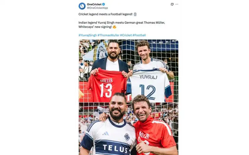 Yuvraj Singh with Thomas Muller [Source: @OneCricketApp/X.com]