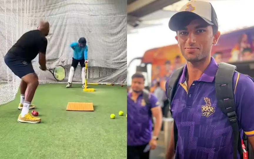 Angkrish Raghuvanshi trains with KKR [Source: @KKR_Xtra, @Rokte_Amarr_KKR/X.com]