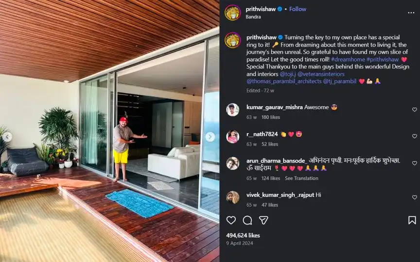 Prithvi Shaw in his new house [Source: @prithvishaw/Instagram.com]