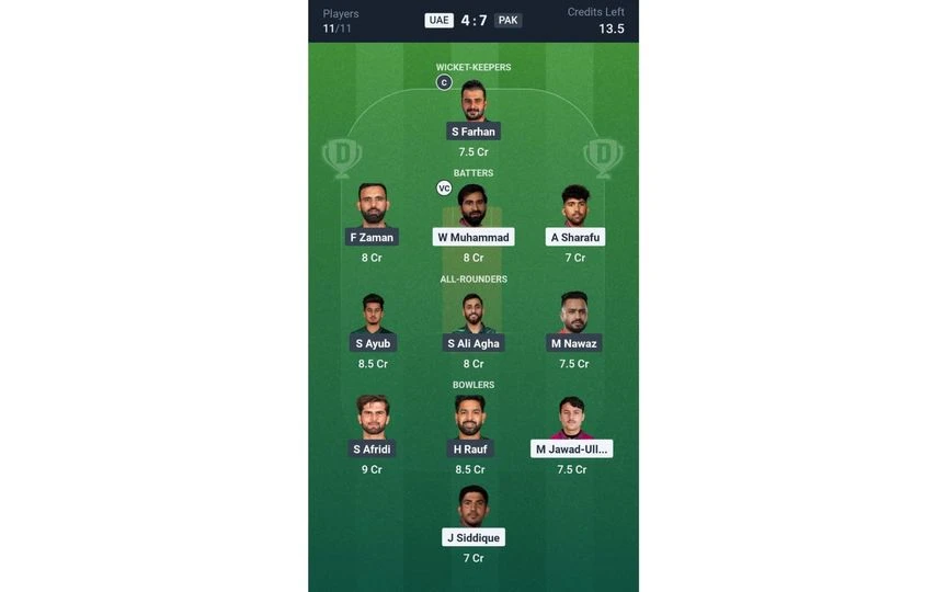UAE vs PAK T20I Dream11 Team 1 [Source: @Dream11 App]