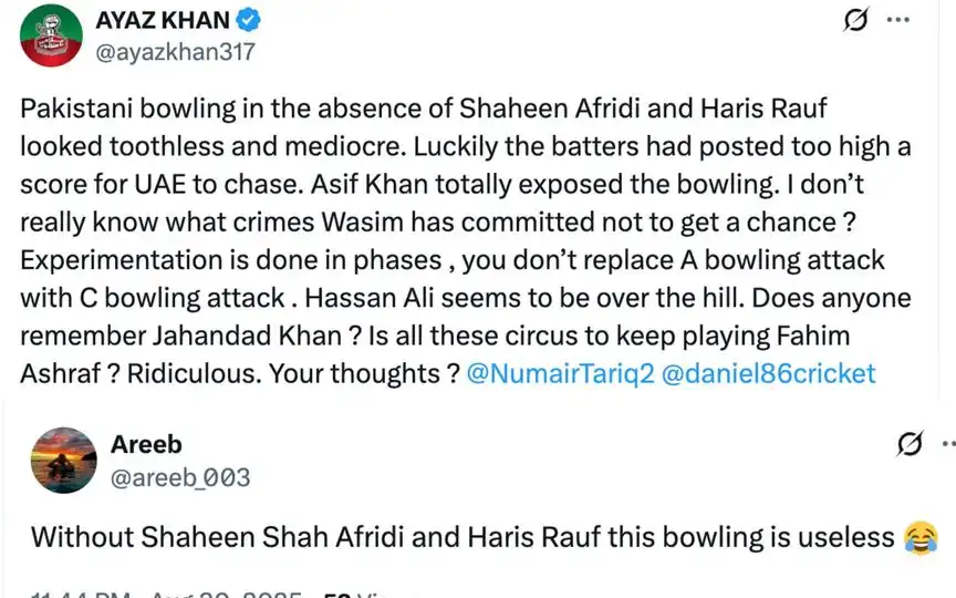 Fan tweets [Source: @areeb_003, @ayazkhan317/X.com]