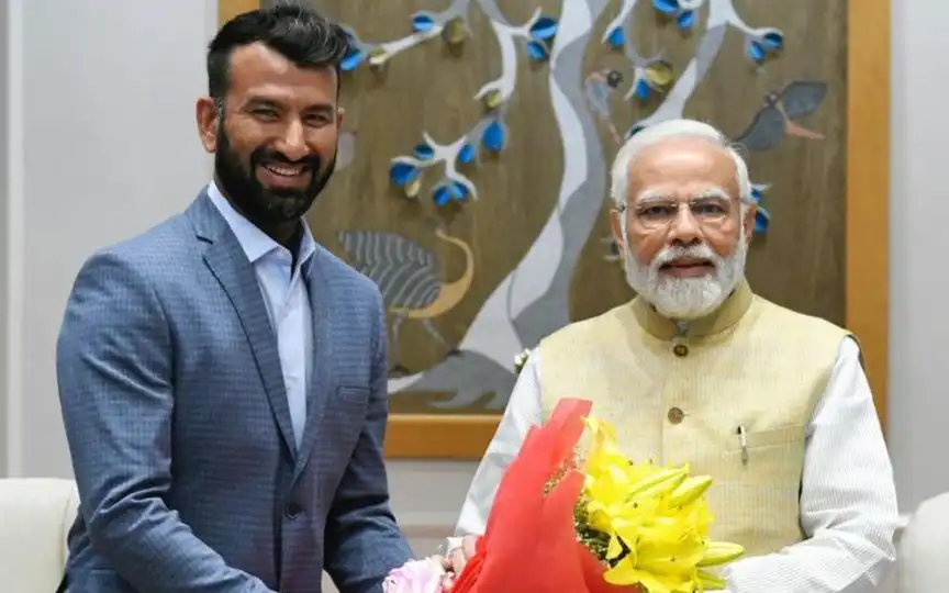 Cheteshwar Pujara and PM Narendra Modi [Source: @CricCrazyJohns/x.com]