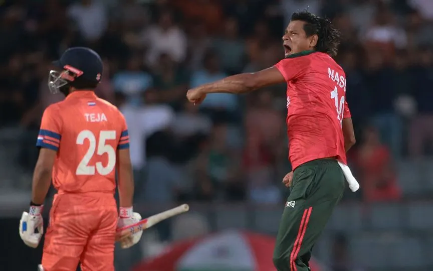 Nasum Ahmed celebrating a wicket [Source: @BCBtigers/x]