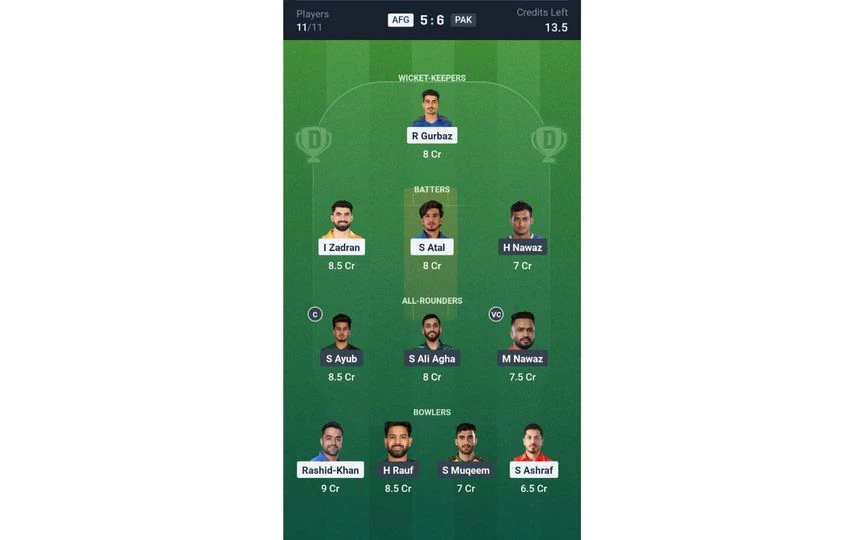AFG vs PAK T20I Dream11 Team 1 [Source: @Dream11 App]