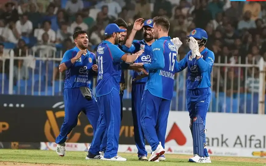 Afghanistan players celebrating a wicket [Source: @ACBofficials/x]