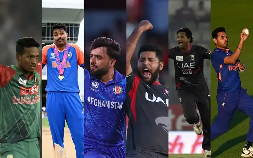 हुसैन, पंड्या, राशिद, नवीद, जावेद और भुवनेश्वर (Source: @ICC/X.com)