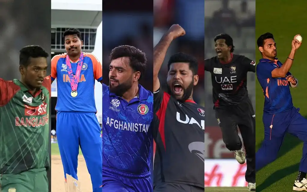 Hossain, Pandya, Rashid, Naveed, Javed and Bhuvneshwar (Source: @ICC/X.com)