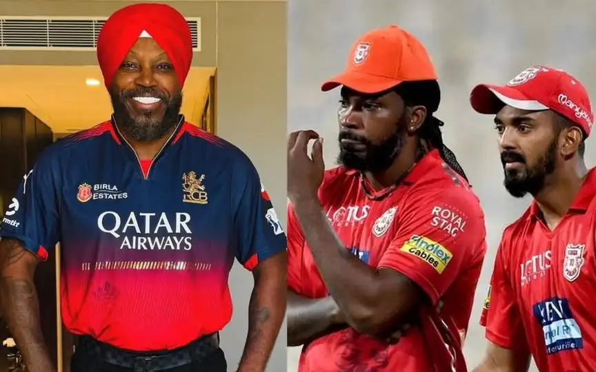 Chris Gayle donning the turban and RCB jersey [Source: @mufaddal_vohra/X.com]