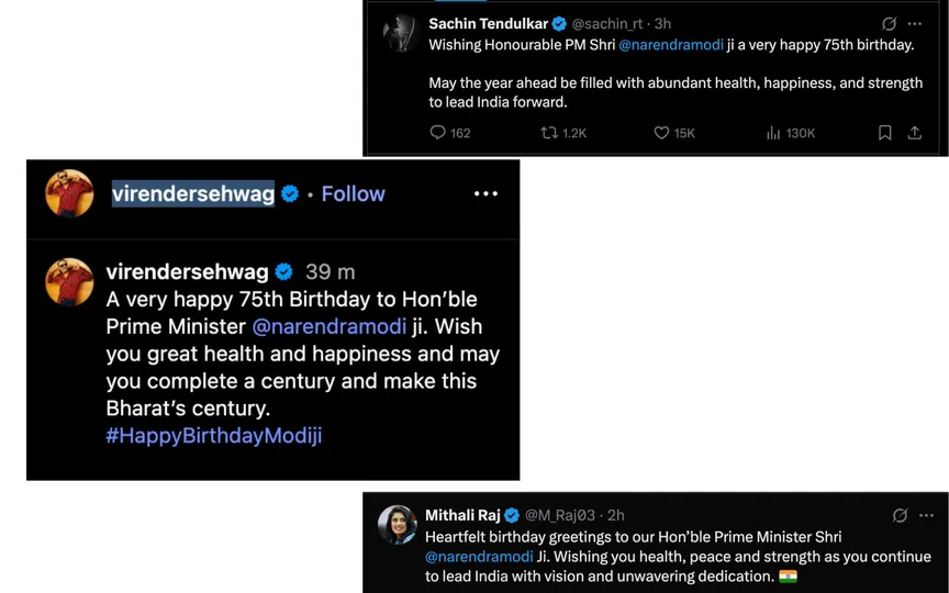Cricketers wish PM Modi (Source:@M_Raj03, sachin_rt,x.com)