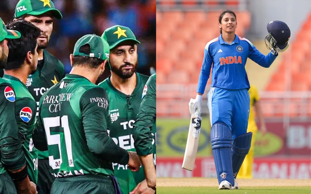Pakistan team and Smriti Mandhana [Source: @CricCrazyJohns, @BCCIWomen/x]