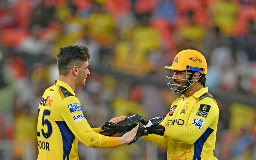 Noor Ahmad with MS Dhoni in IPL 2025 [Source: AFP]