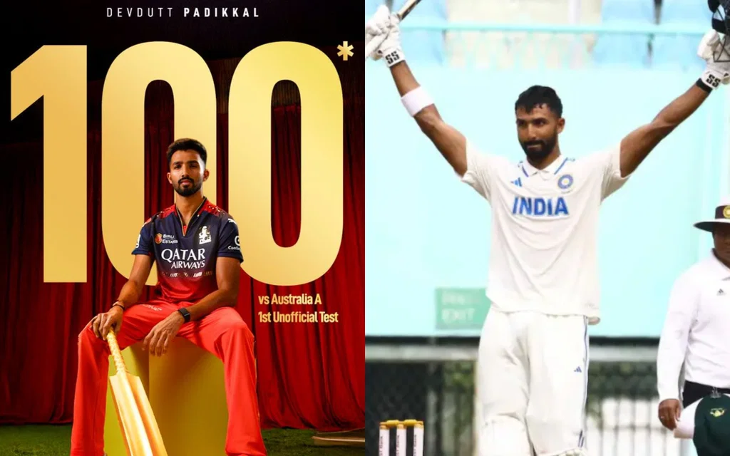 Devdutt Padikkal hits a century for India A [Source: @RCBTweets, @Adityakrsaha/X.com]