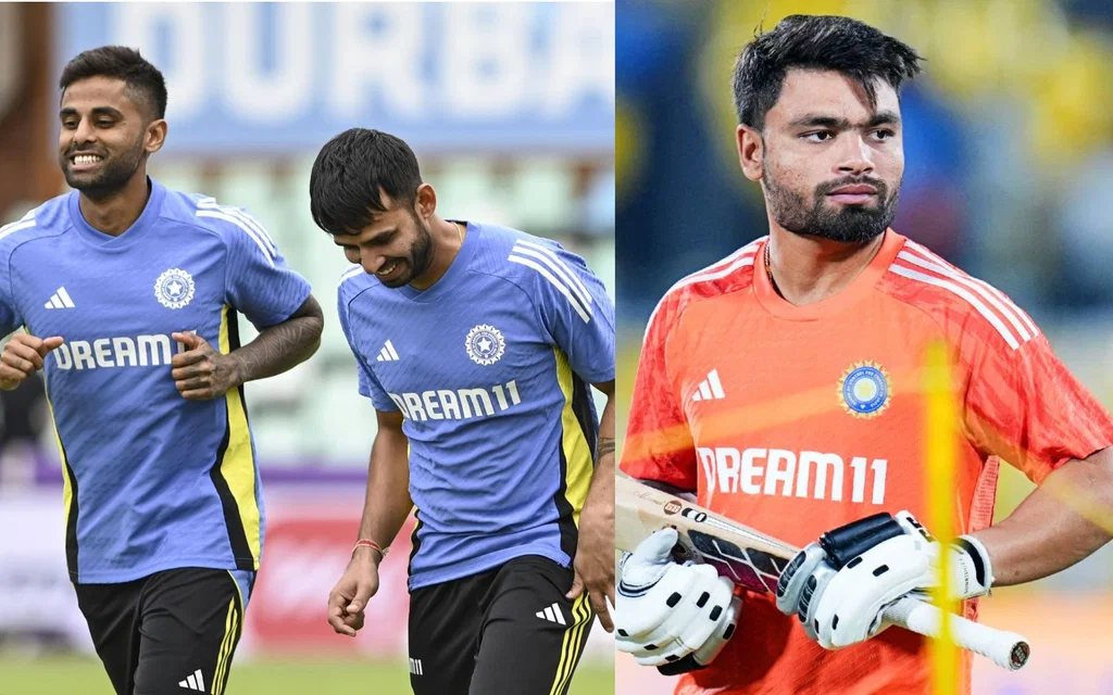 Suryakumar Yadav with Jitesh Sharma and Rinku Singh (Source: @mufaddal_vohra/X.com)