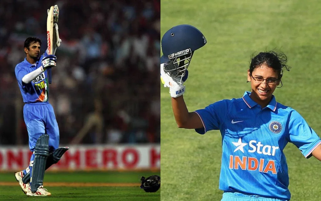 Smriti Mandhana Smashed Double Hundred With Dravid's Bat (Source: @ICC/x.com, @RandomCricketP1/x.com) 