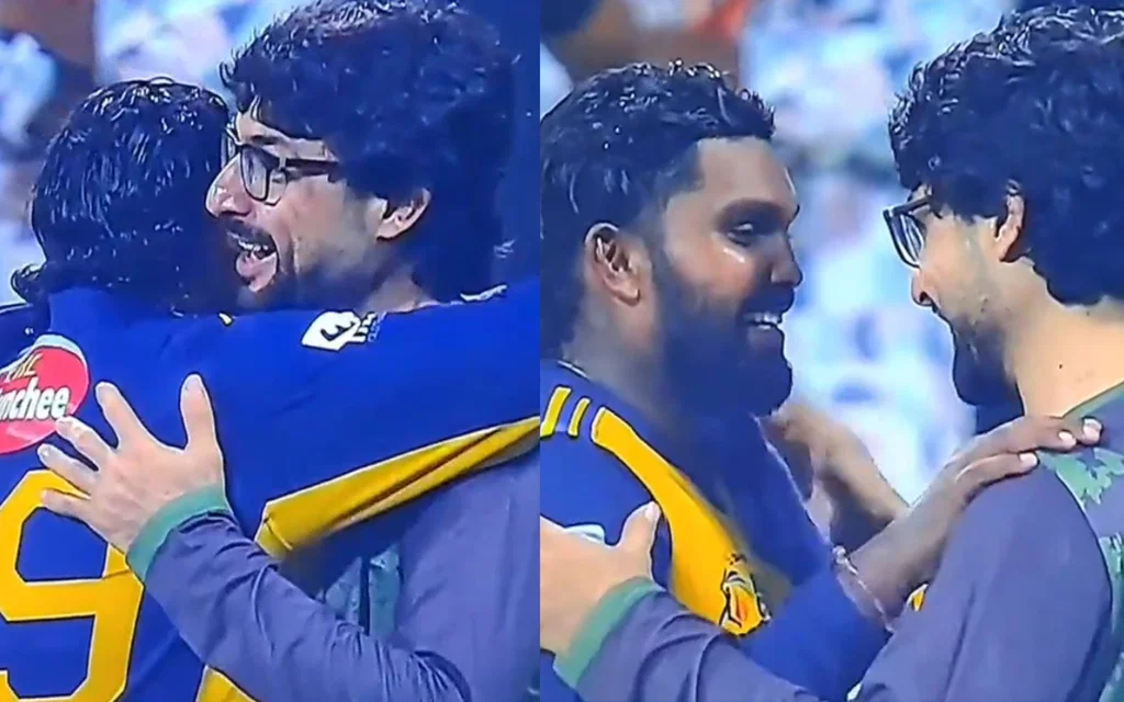 Hasaranga and Abrar Ahmed hugs each other after match [Source: @AbdullahSays99_/X.com]