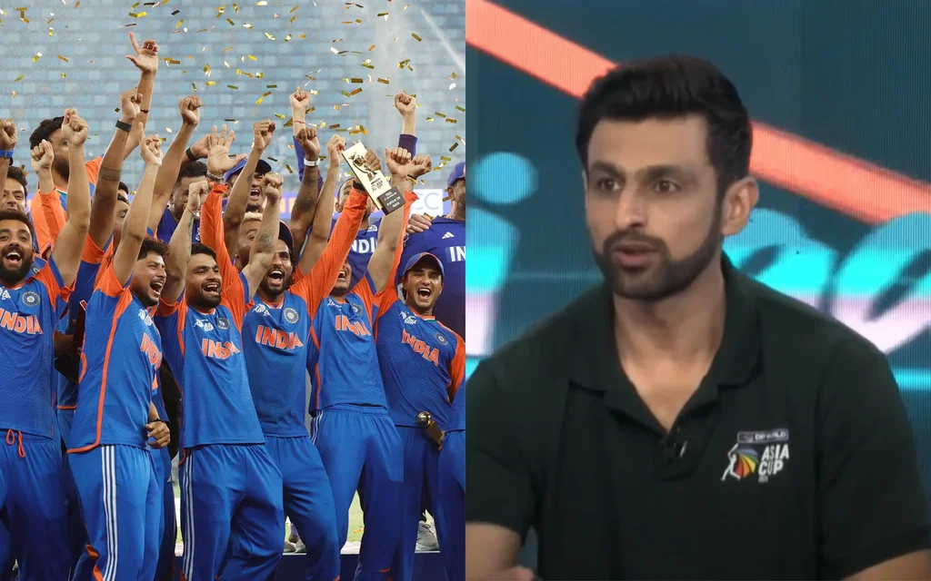 Indian players and Shoaib Malik [Source: @BCCI/x, @tapmadofficial/YouTube]