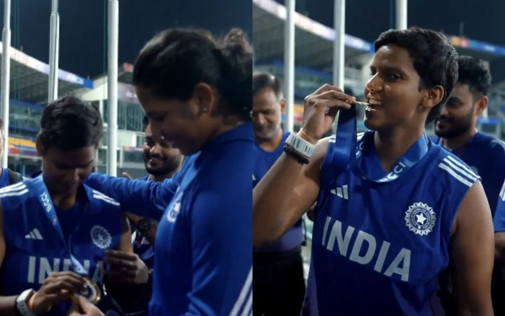Richa Ghosh presents medal to Deepti Sharma [Source: @llhixxsays/X.com]