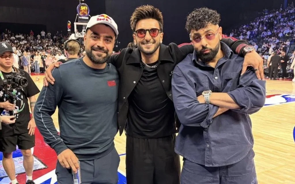 Rashid Khan, Ranveer Singh and Badshah [Source: @mufaddal_vohra/x.com]