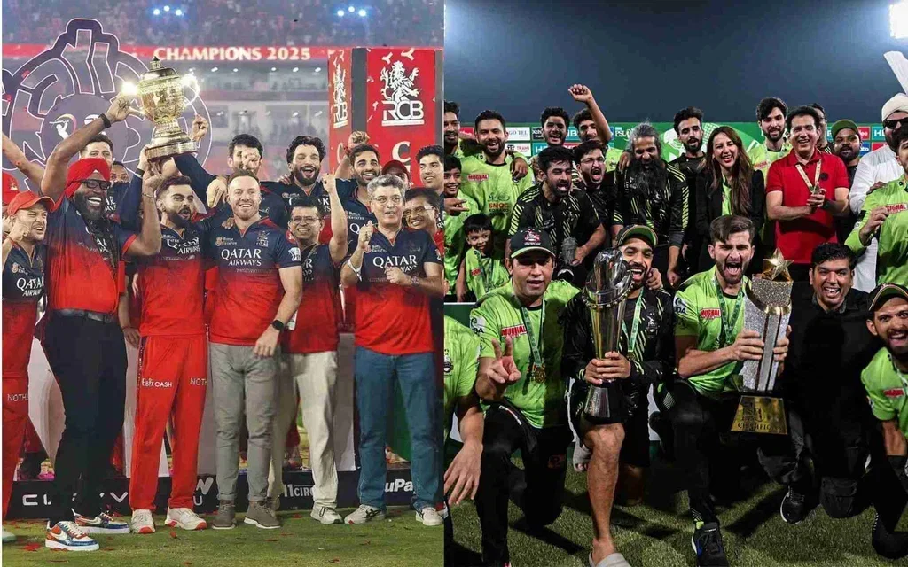 RCB and Lahore Qalandars with IPL and PSL trophy respectively (Source:@hey_hamidd/X.com)